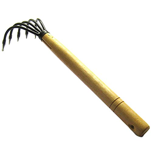 Tiamu Durable 5-Tine Claw Rake Cultivator Seafood Rake with Wood Handle Gardening Rake Tools