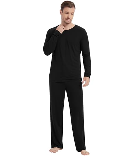 Image of NACHILA Pajamas for Men-Viscose Made from Bamboo, Long Sleeve Pajamas Set Comfy Sleepwear Pants Soft V Neck Pjs with Pockets