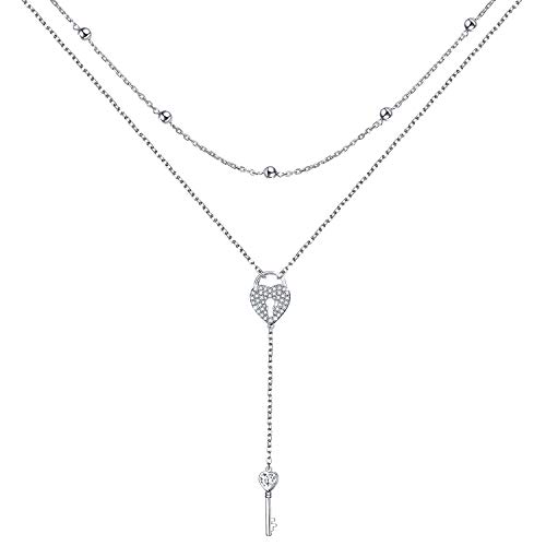 Flyow Valentines day Gifts Double Layered Necklace S925 Sterling Silver Heart Lock Key Y Lariat Necklace Long Chain Women Girls Jewelry