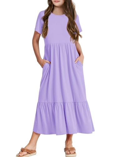 Batermoon Girls Short Sleeve Dress Casual A-Line Flowy Tiered Beach Maxi Dress with Pockcets