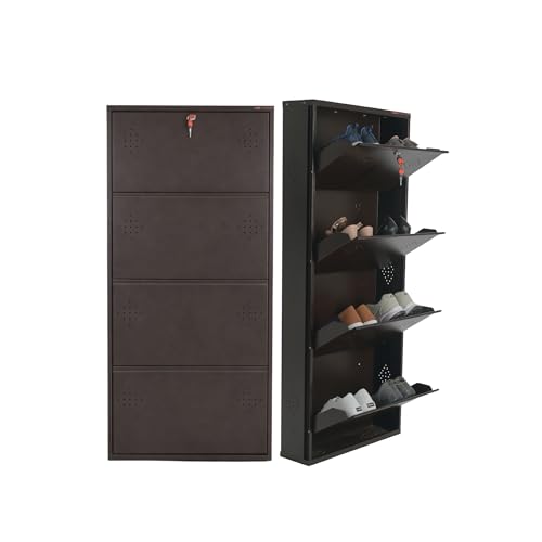 Image of 4 Door Wall Mounted Metal Shoe Rack Cabinet with Lock | Space Saving Shoe Storage Cabinet | Dustproof & Ventilated Shoe Organizer for Home, Entryway, Bedroom & Balcony | Brown | 52 x 21 x 6 Inch