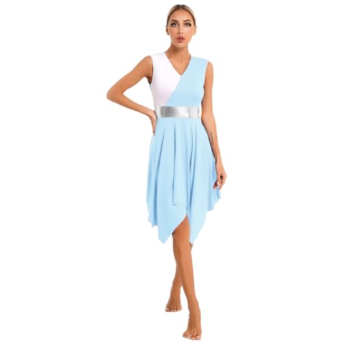 YEAHDOR Women's Asymmetrical Liturgical Praise Dance Dress Sleeveless Color Block Robe Dress Worship Lyrical Dancewear Light Blue Medium
