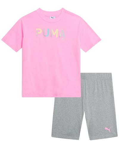 Image of PUMA Girls' Biker Short Set - 2 Piece Short Sleeve Crewneck Graphic Tee Shirt and Bike Shorts for Girls (Sizes: 7-14)