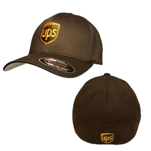 UPS Embroidered Front & Back Fitted Flexfit Brown Baseball Cap Hat (Large-XLarge)