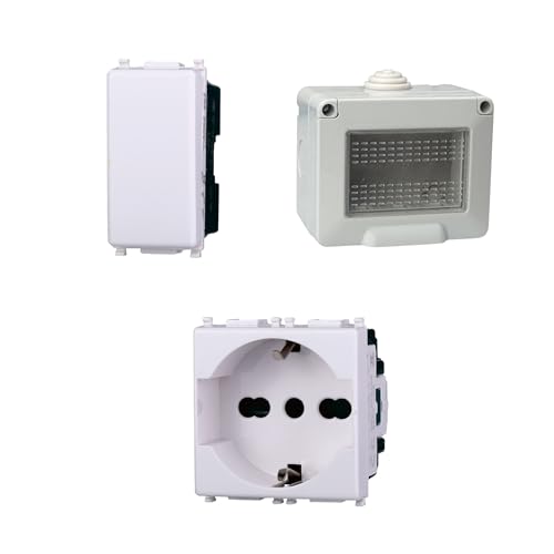 Kit Scatola Elettrica IP55, Completa Di Frutti Compatibile Con Vimar Plana, 3 Moduli Presa Schuko P40 10/16A + Interruttore, Contenitore Con Coperchio, Da Muro Parete Esterno e Interno
