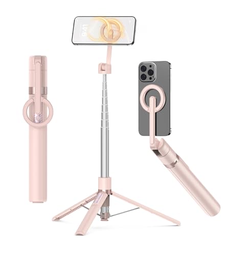 TONEOF 68 Magnetic Selfie Stick Tripod with Aluminum Strong Magnetic Holder for Magsafe 360 Rotatable Travel Phone Tripod Stand with Metal Ring & Rechargeable Remote for iPhone/AndroidPink