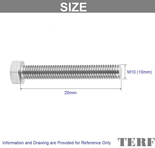 TERF® M10 X 20mm Hex Bolts Fully Threaded Set Screw M10 (10mm) X 20mm Hex Head Cap Hexagonal Bolts - Pack of 10 - Image 3