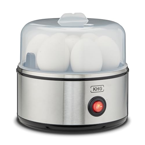 KHG Eierkocher Edelstahl Modern | 1 Ei - 7 Eier | Messbecher mit Eipick | 380 Watt Edelstahlheizplatte, mit akustischer Fertigmeldung | 16 cm Breite x 15,5 cm Höhe
