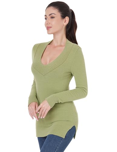 Image of AmelieBoutik Women Deep V Neck Ribbed Trim Knit Long Sleeve Tunic Sweater with Side Split