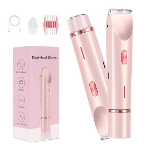Bikini Shaver,Bikini Trimmer for Women,2 in 1 Electric Razors,Dual Head Shaver for Leg Arm Body Grooming Tool,Silky and Painless and Efficient Cleaning Pink