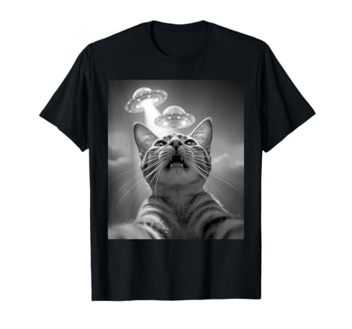 Cat Selfie With Alien UFO Tee Funny Selfie Cat Maglietta