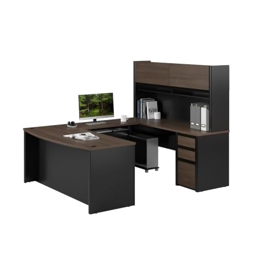 Bestar Connexion U-Shaped Executive Desk with Pedestal and Hutch, 72W, Antigua & Black