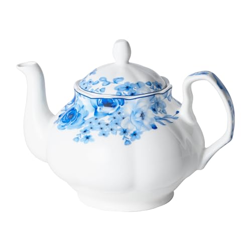 PRECITIME 27oz Porcelain Blue Rose Teapot, Classic Gift for Tea