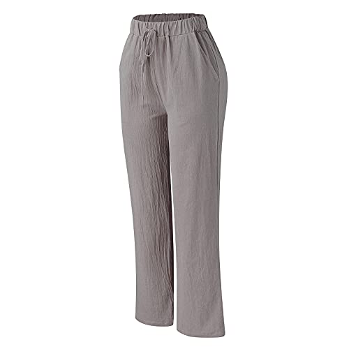 Pantalones de lino para mujer con corte de pierna ancha holgada y bolsillos funcionales 4