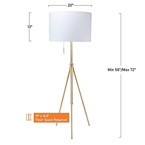 Sh Lighting 58"-72" Adjustable Floor Lamp - Tripod Base, Drum Shade And Pull Chain Switch - Great For Bedroom, Living Room, Office (Satin Gold, White) #TOP5