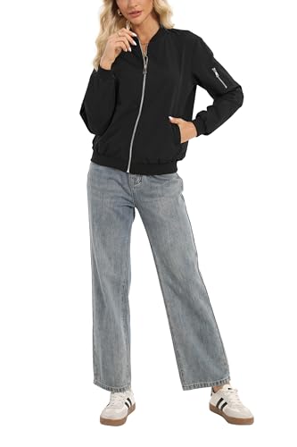 Oyamiki Jacke Damen Klassisch Frühling Herbst Übergangsjacke Schwarz Langarm Kurz Bomberjacke Leichte Dünne Jacken Seitentaschen M