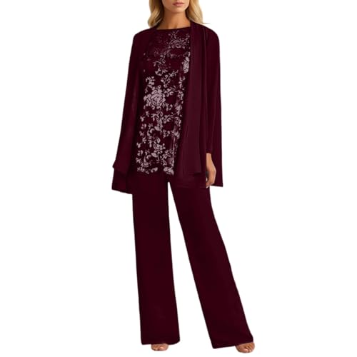 Conjunto de dama de honor genérico: pantalones de manga larga de encaje y gasa con motivos florales grandes, combinando estilo y comodidad., vino., L