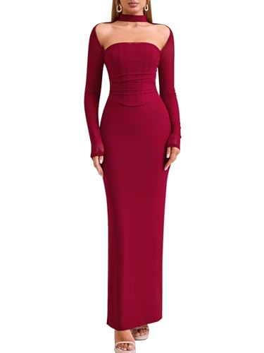 HTZMO Women Fall Long Sleeve Bodycon Corset Dress Halter Neck Ruched Elegant Wedding Guest Formal Long Dresses