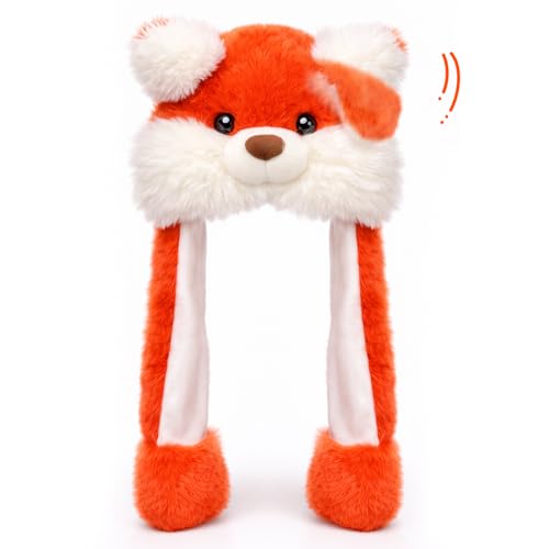Deletoys Moving Ear Hat Soft Funny Animal Hats Jumping Beating Plush Caps Holiday Cosplay Dress Up Gift for Adult (Fox)