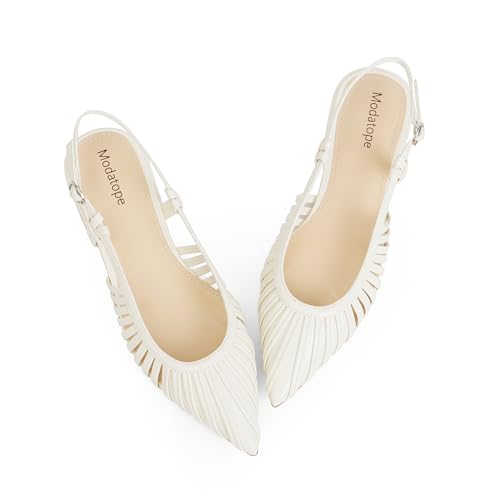 Modatope White Flats for Women Slingback Low Heel Ballet Flats Classic Pointed Toe Dress Shoes Size 6.5