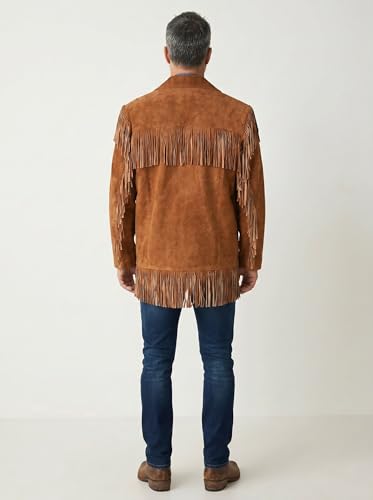 Image of Men's Suede Fringe Jacket Western Cowboy Style Genuine Leather Coat with Button Closure, Black Brown Cognac