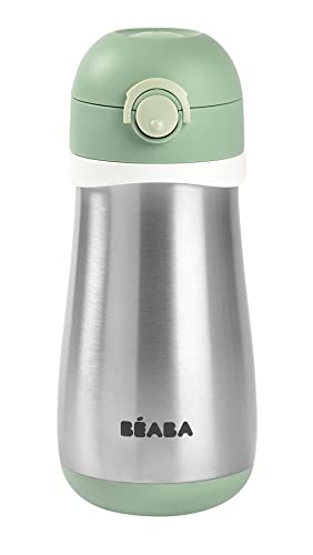 BÉABA, Cantimplora Infantil Acero Inoxidable 2 en 1, Función Cantimplora/Vaso, Pulsador para Facilitar la Apertura, Sólido, Saludable, Asas extraíbles, Conservación de Frío/Calor, 350 ml,verde
