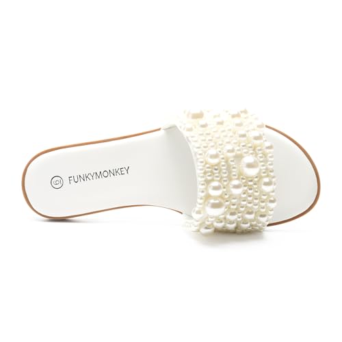 FUNKYMONKEY Women's Pearls Flat Sandals Slip-on Open Toe Dressy Summer Beach Casual Slide2