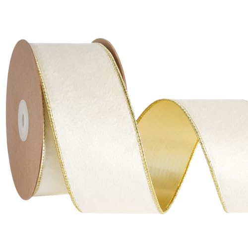 LaRibbons 2.5 Inch Ivory Velvet Wired Ribbon, Gold Edge, Metallic Back by LaRibbons - Used condition - US$18.71