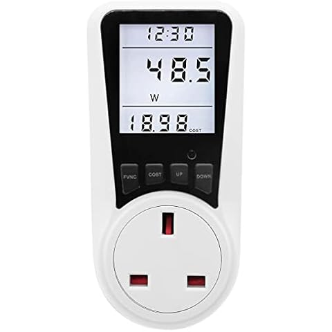 Electricity Usage Monitor, Plug In Voltage Amps Watt Meter Electrical Power Monitor with LCD Display 7 Display Modes and Overload Protection for Home Energy Saving UK Plug(British regulations,white) Cover