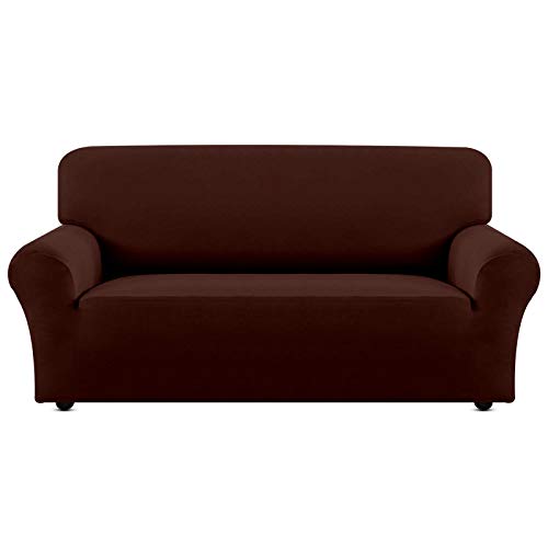 Housse de canapé extensible 3 places couleur café pour rénover un meuble usé