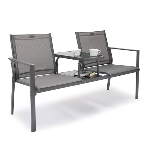 Vonhaus Love Seat for Garden - Grey 2 Seater Textilene Jack & Jill Loveseat - Water-resistant Patio & Companion Set for Outdoor, Balcony & Terrace - 2 Tier Table Tete a Tete - Paris