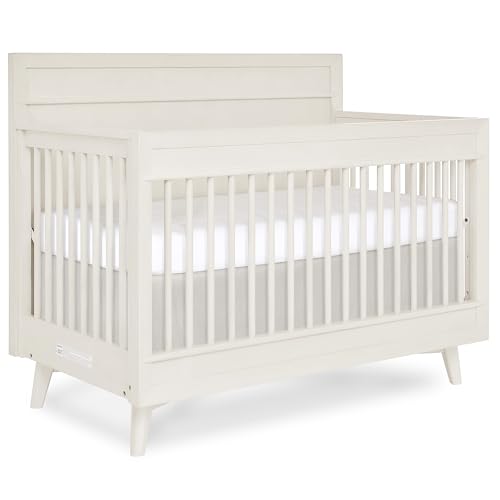 Evolur Loft Antilia Mid-Century 4-in-1 Convertible Crib in White & Natural, GREENGUARD Gold Certified, Converts to Toddler Bed, Daybed & Full Bed, Fits Standard Crib Mattress, Adjustable Mattress Base