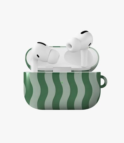 Image of Matcha Wave Glossy Case Compatible with AirPods Pro 1, Cute Green Wavy Stripe Protective Hard Cover with Keychain Loop, Aesthetic Retro Earbud Accessories for Women and Girls