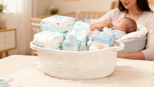 Image of CREVENT Storage Basket for Baby Stuffs, Gift Baskets for Birthday Baby Shower , including a Gift bag with Ribbon