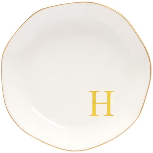 Image of Ceramic Jewelry Tray Initial Ring Dish Personalized H-Monogrammed Engagement Wedding Gifts, for Birthday Mother's Day Christmas for Women, Ceramic White 4.75 inch (H)