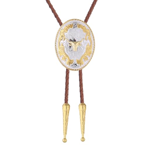 Image of GelConnie Brown Bolo Tie for Men Women Western Ties Mens Gold Bolo Tie Rodeo Cowboy Leather Necktie Cowgirl Tie Wedding