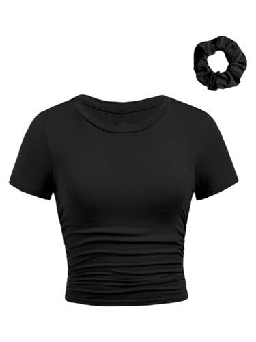 SOLY HUX Girl's Short Sleeve Crew Neck Slim Fitted Basic T-Shirts Summer Tops with Hair Ties