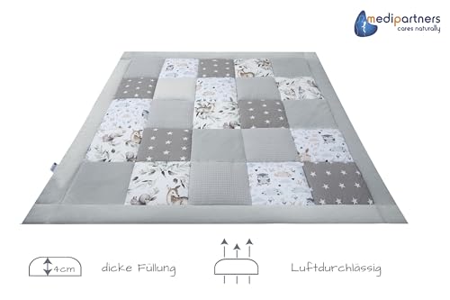 Medi Partners Krabbeldecke für Baby Spielmatte 100% Baumwolle Krabbelmatte - 100x100cm Krabbeldeck Dick Weich Decke Laufgittereinlage Babydecke Minky Waffel Spielbogen (Hirsch in Blättern)