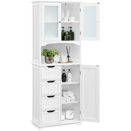 Yaheetech Armario de Baño de Almacenamiento Alto con 4 Cajones Armario con 2 Puertas de Vidrio Estante Ajustable Aparador de Cocina Blanca 60×30×165,5 cm