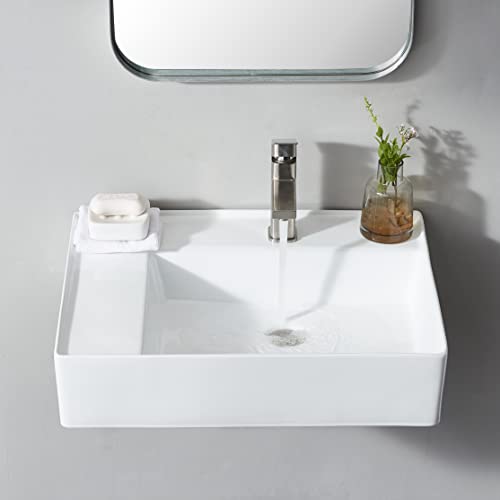 Comllen Ceramic Wall Mounted Vessel Sink, 24”X18” Rectangular Above Counter Bathroom Vessel Sink White Porcelain Lavatory Vanity Vessel Sink With One Faucet Hole #TOP1