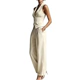 Dressy 2 Piece Sets for Women Vest and Wide Leg Pants Set (L,Beige)