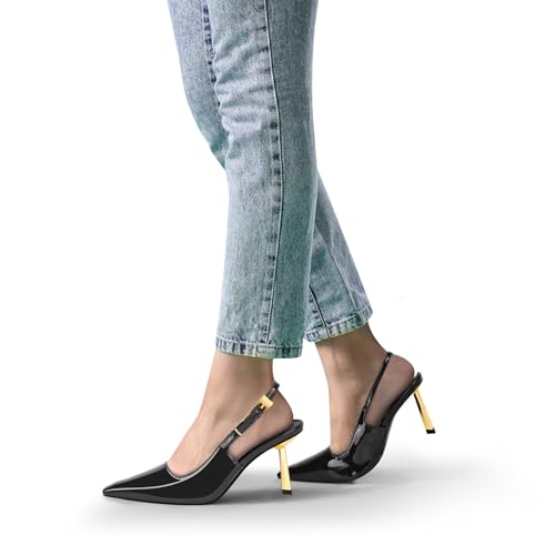 Slingback Heels Sandals for Women Patent Leather Metal Buckle Pointed Toe Sexy Casual Daily Dressy Wedding Shoes4