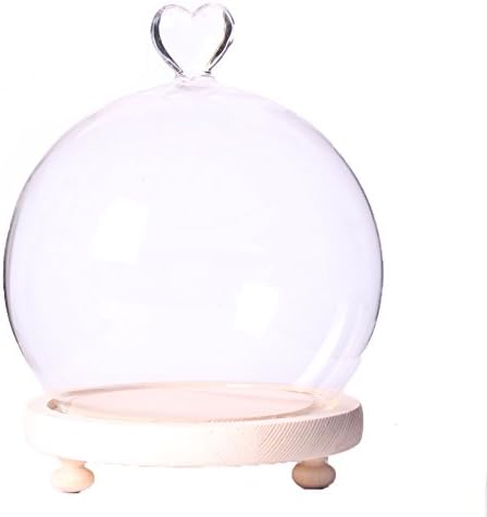 SiyaglassClear Glass Cloche Globe Display Dome Bell Jar with Heart Handle Wooden Base Dia 5.9 inch