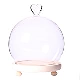Siyaglass Clear Glass Cloche Globe Display Dome Bell Jar with Heart Handle Wooden Base Dia 5.9 inch