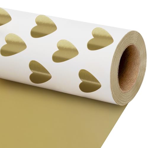 BIOBROWN Reversible Wedding Wrapping Paper Roll Gift Wrapping Paper with Gold Heart on White Design Perfect for Birthday Bridal Shower Anniversaries Engagement 43cm × 10m