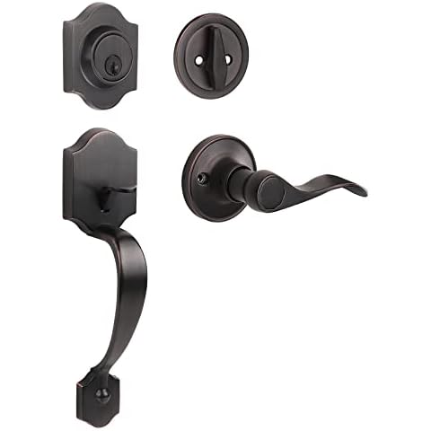Single Cylinder Deadbolt HandleSet with Lever Inside Door Handle (for Entrance and Front Door) Reversible for Right and Left Handed Doors Handle Set Oil Rubbed Bronze Finish Cover