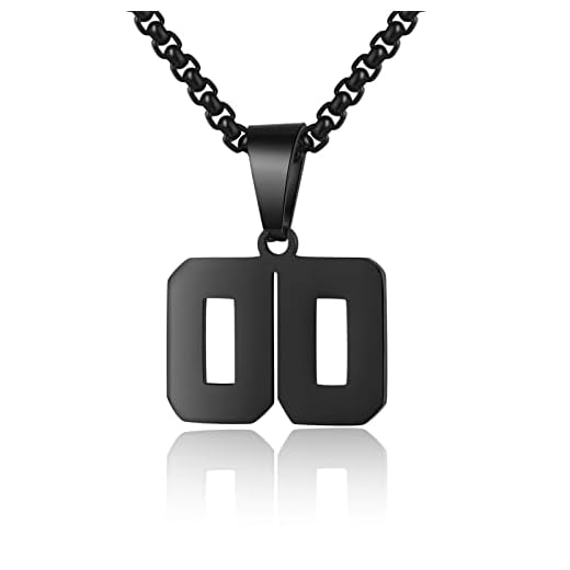 Number Necklace for Boy Athletes Number Stainless Steel Black Chain 00-99 Number Charm Pendant Personalized Sports Jewelry for Men Basketball Baseball Football(00)