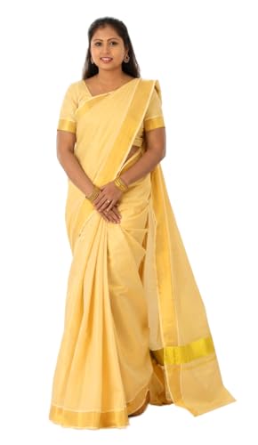 Image of Kerala Traditional Tissue Saree for Women with Running Blouse | South Indian Ethnic Saree for Weddings Onam Vishu Temple Wear & Festivals