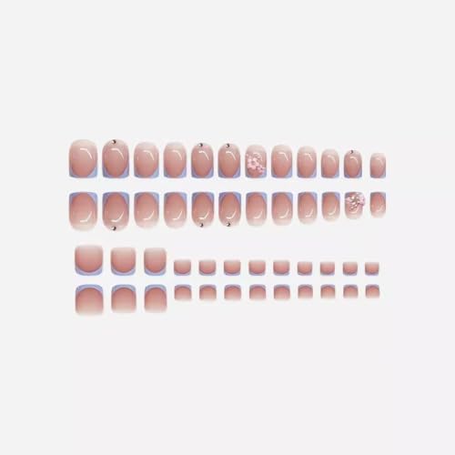 Image of 48 Pcs Short Square Press on Nails Medium & Press on Toenails Set Blue French Tip Fake Nails with Flower Design Glossy Glue on Nails Artificial Acrylic Full Cover Stick on Toe Nails for Women Manicure