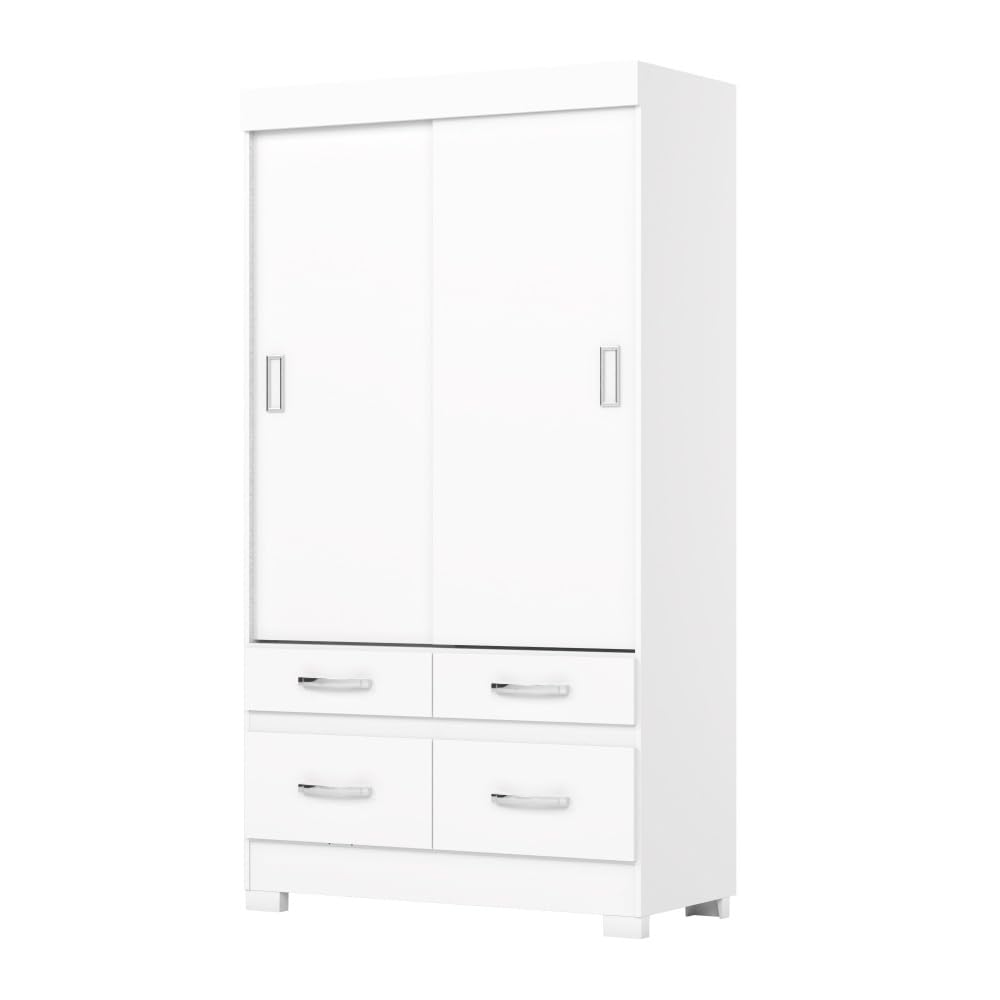 Befara Armoire À Portes COULISSANTES ET 4 TIROIRS Elias, Blanc, 109,5 x 48,5 x 200,5 cm, Armoire à Portes coulissantes Blanche avec Quatre tiroirs, Barre de Suspension et étagères